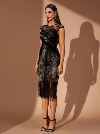 Lace Tulles Slim Midi Cocktail Dress