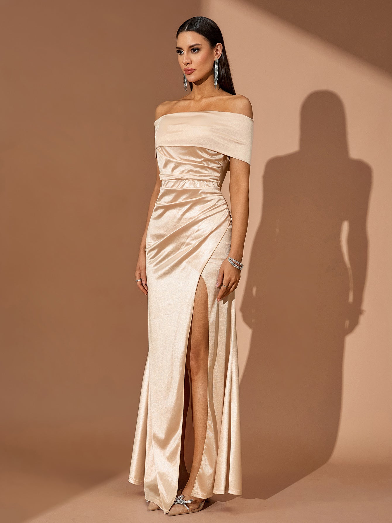 Off Shoulder High-Slit Satin Dress
