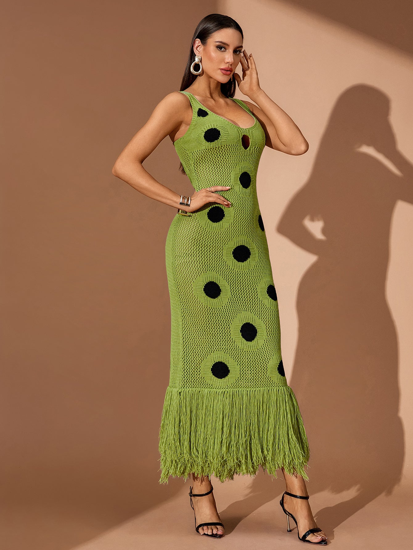 Tassel Hemline Cutout Knit Maxi Dress