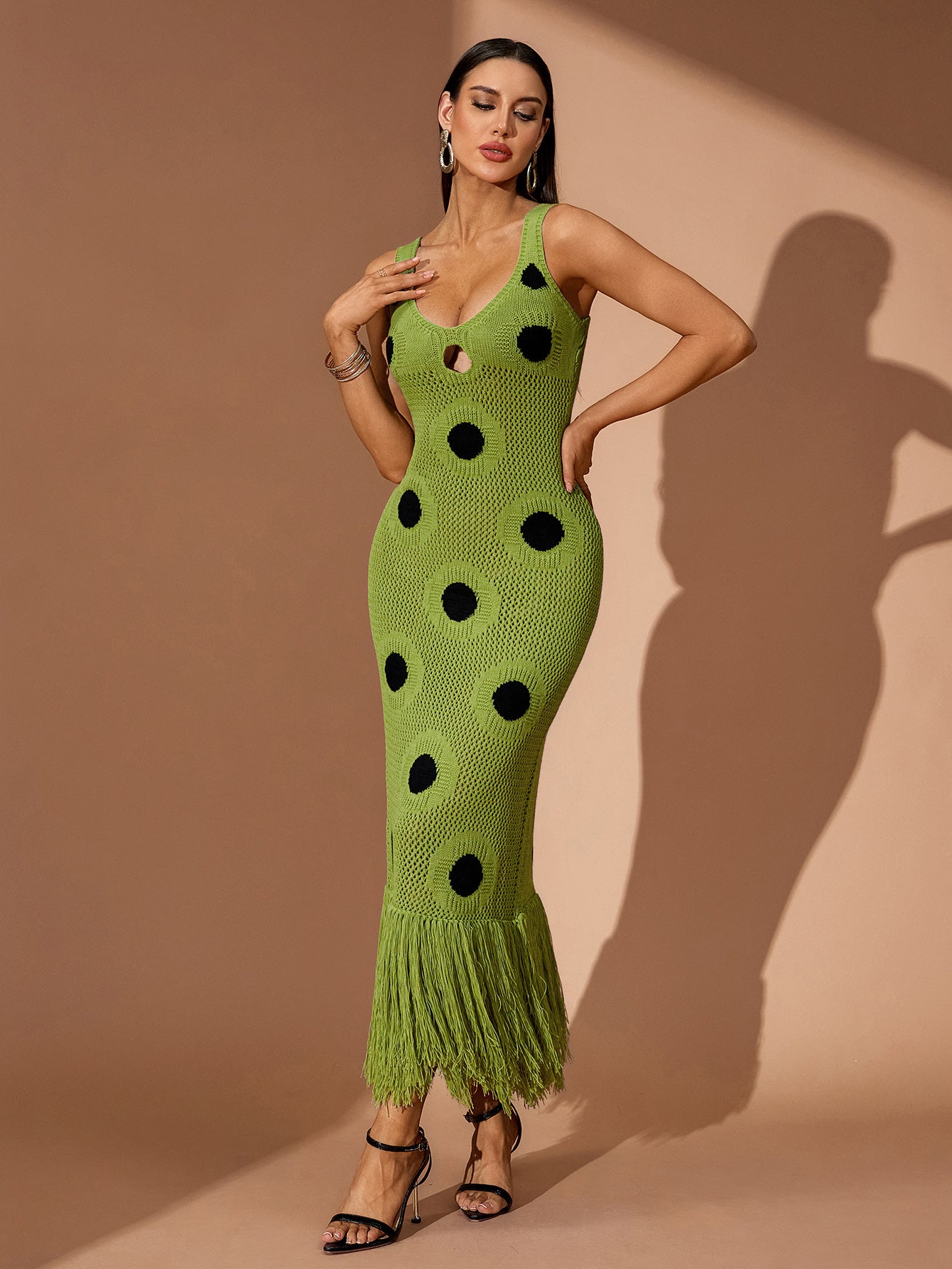 Tassel Hemline Cutout Knit Maxi Dress