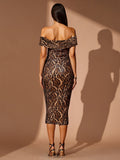 Off Shoulder Leopard Sequin Midi Dress