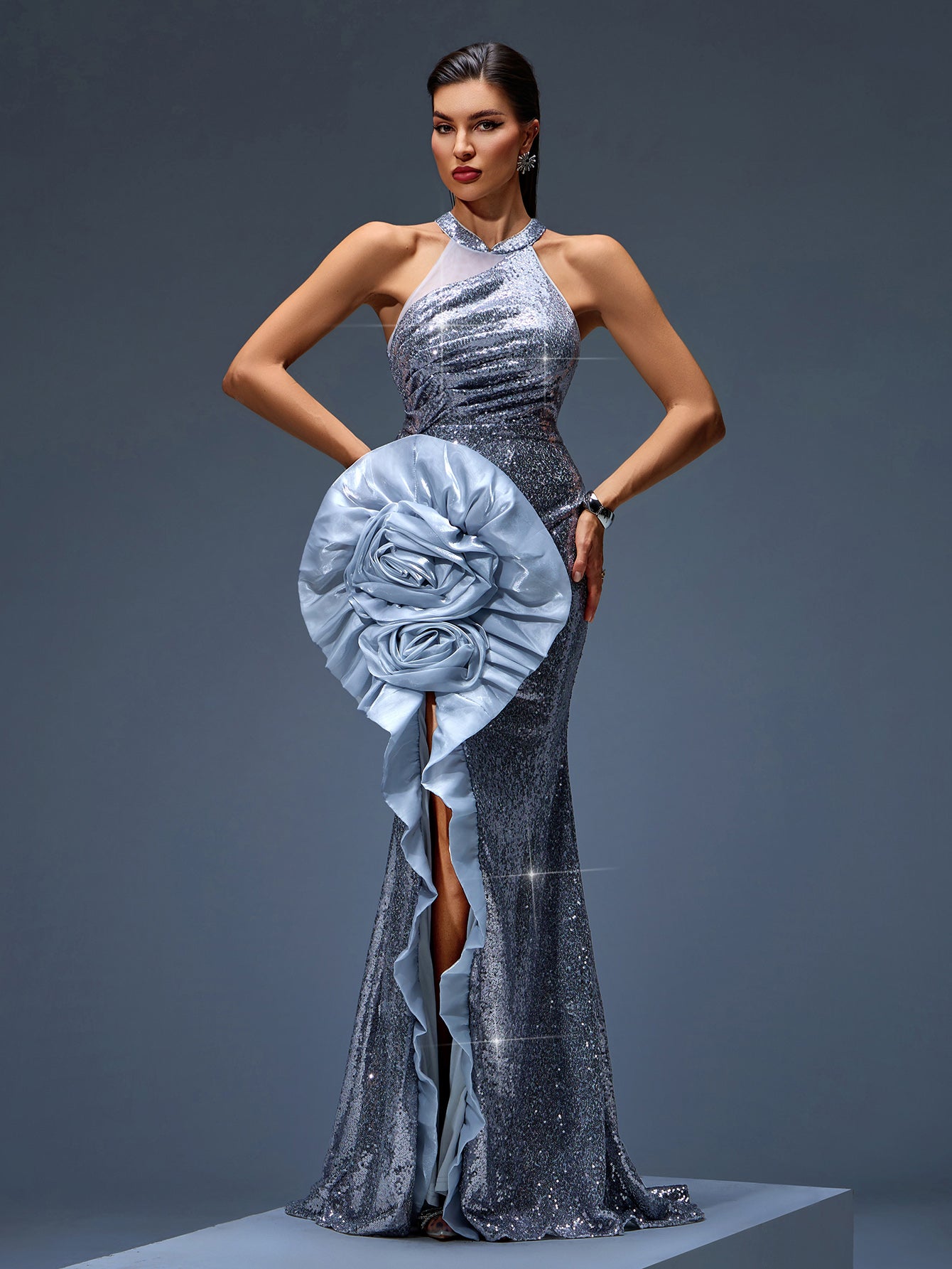 Sparkly Sequins Ruffle Flower Mermaid Dress