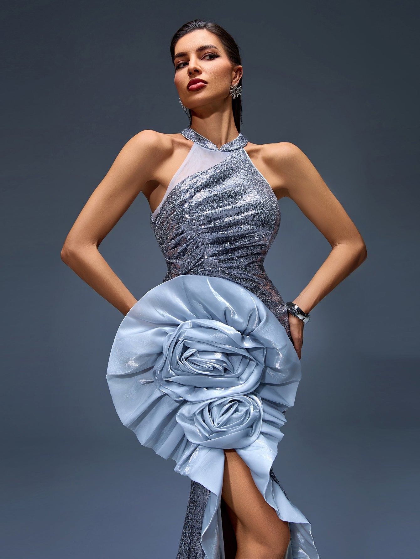 Sparkly Sequins Ruffle Flower Mermaid Dress