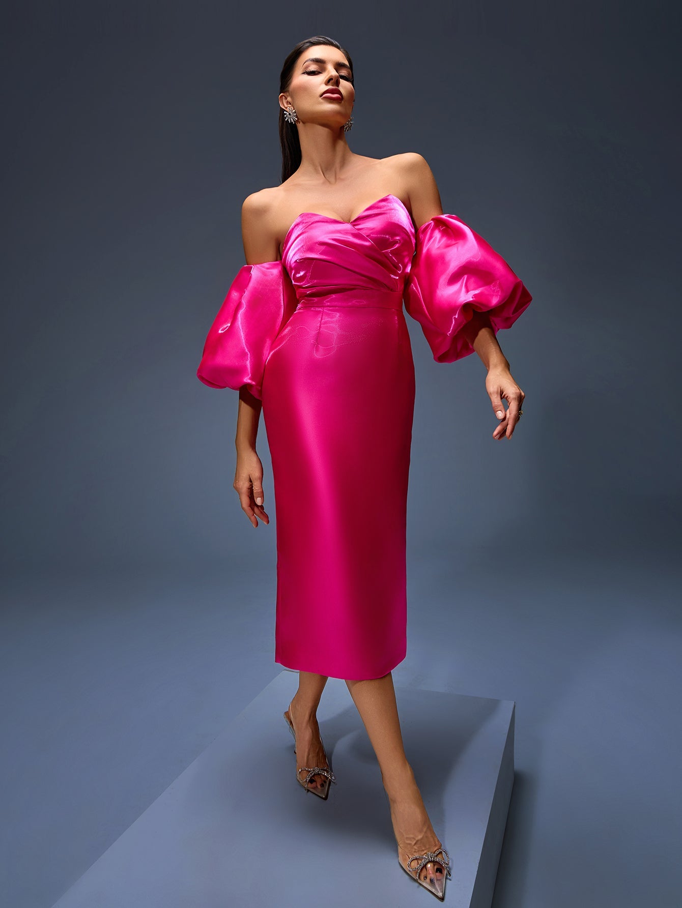 Off Shoulder Puff Sleeve Frill Satin Dress