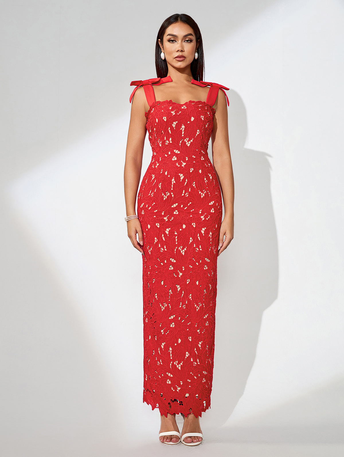 Bow-Strappy Cutout Floral Embroidered Dress