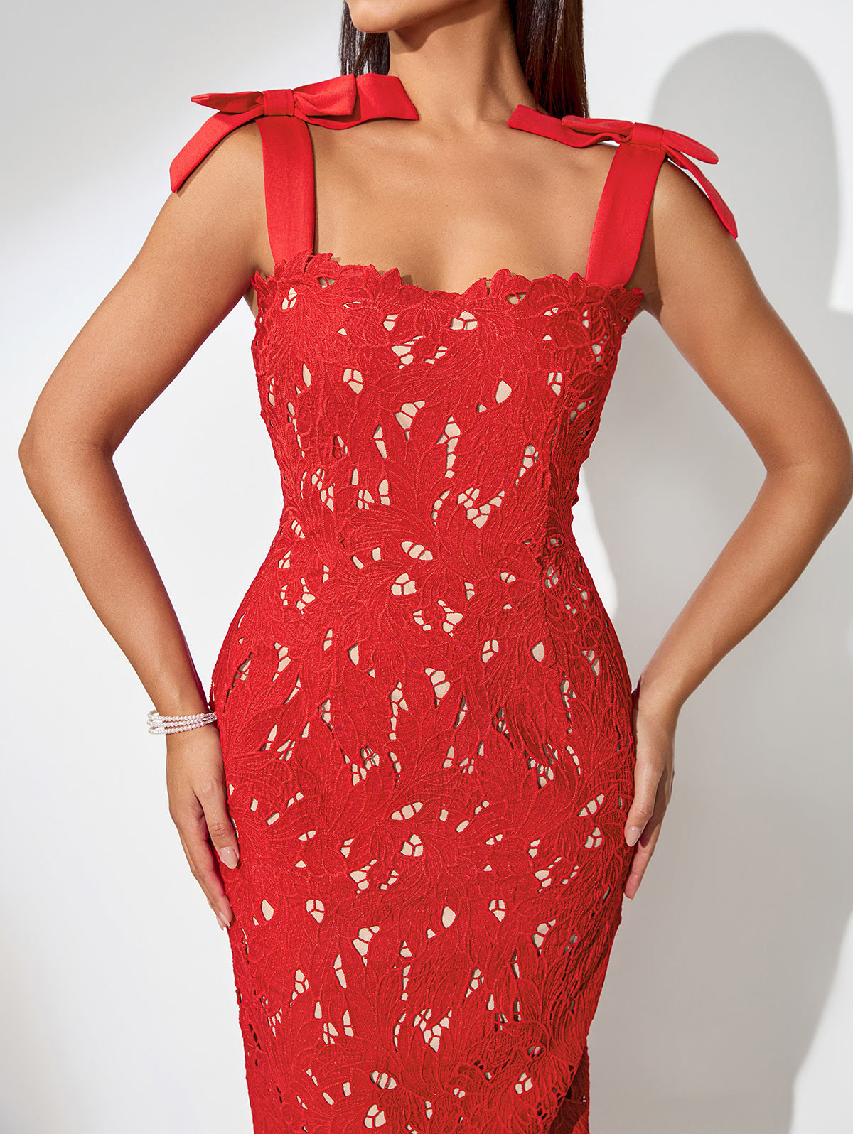 Bow-Strappy Cutout Floral Embroidered Dress