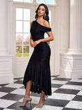 Slanted Shoulder Lace Ruched Maxi Dress
