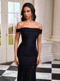 Off Shoulder Lace Ruched Fishtail Dress