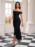 Off Shoulder Lace Ruched Fishtail Dress