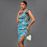 One Shoulder Sleeveless Frill Midi Bodycon Dress