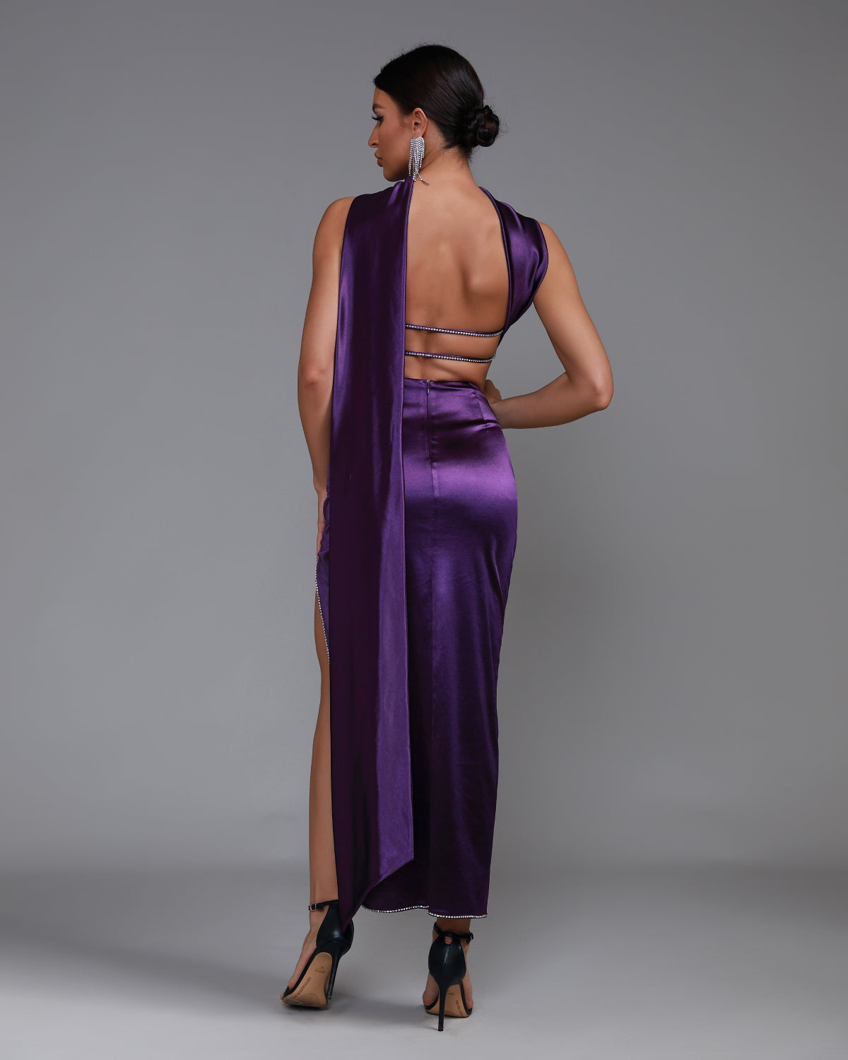 Purple Satin Strapless Sash Gown