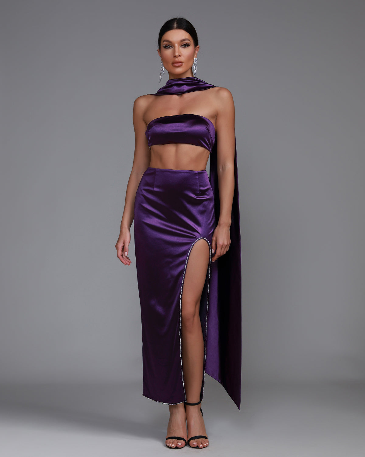 Purple Satin Strapless Sash Gown