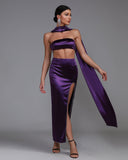 Purple Satin Strapless Sash Gown