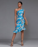 Slanted Shoulder Fishtail Midi Dress