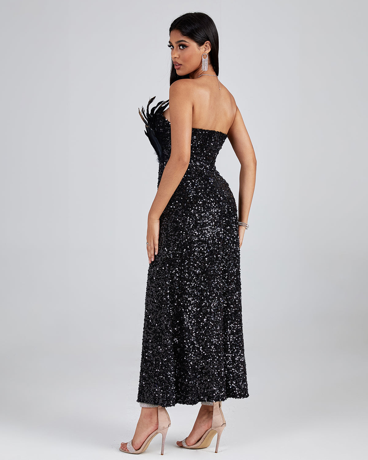 Asymmetric Sequin Embellished Feather Dress