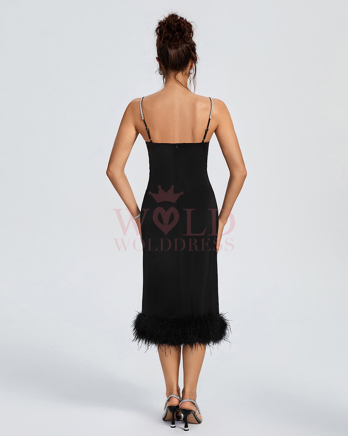 Strappy Backless Feather Trim Midi Dress