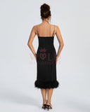 Strappy Backless Feather Trim Midi Dress