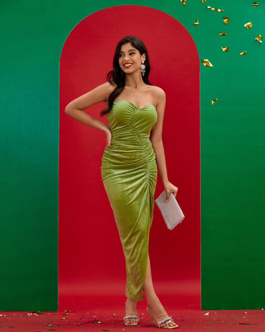 Olive Green Velvet Bustier Long Dress