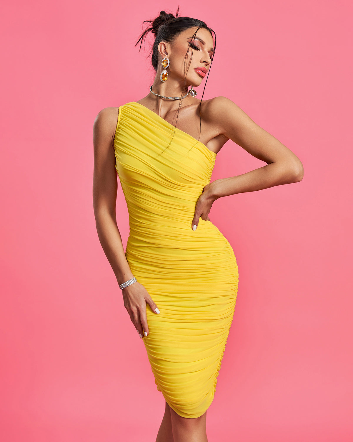 One Shoulder Ruched Mesh Dress