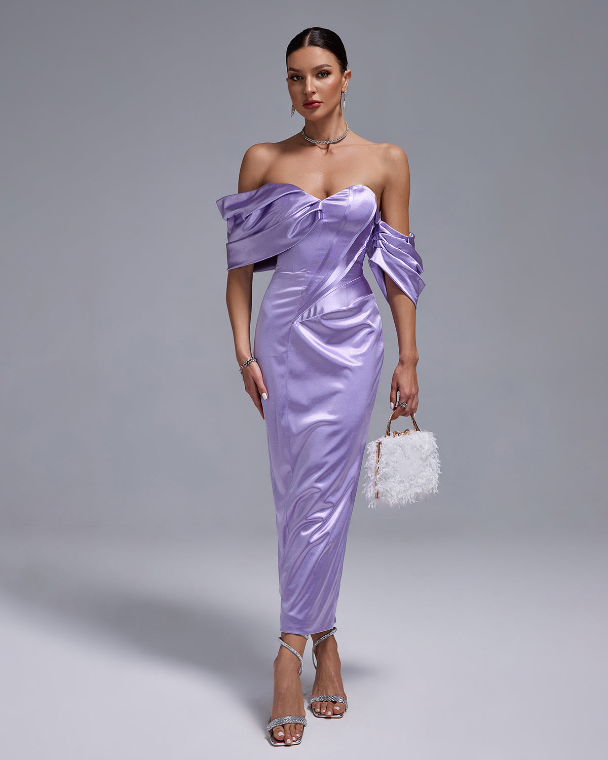 Lavender Satin Off Shoulder Midi Dress