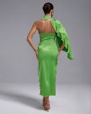 Asymmetric Ruffle Ruched Satin Dress