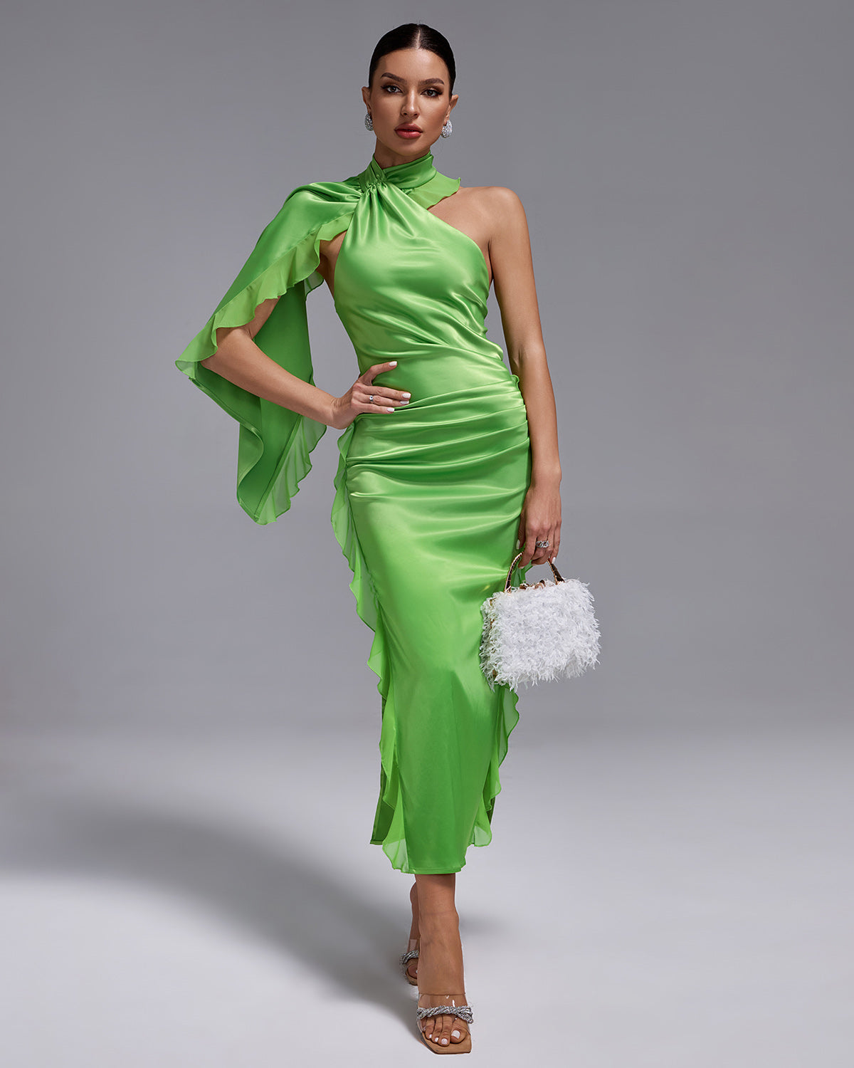 Asymmetric Ruffle Ruched Satin Dress