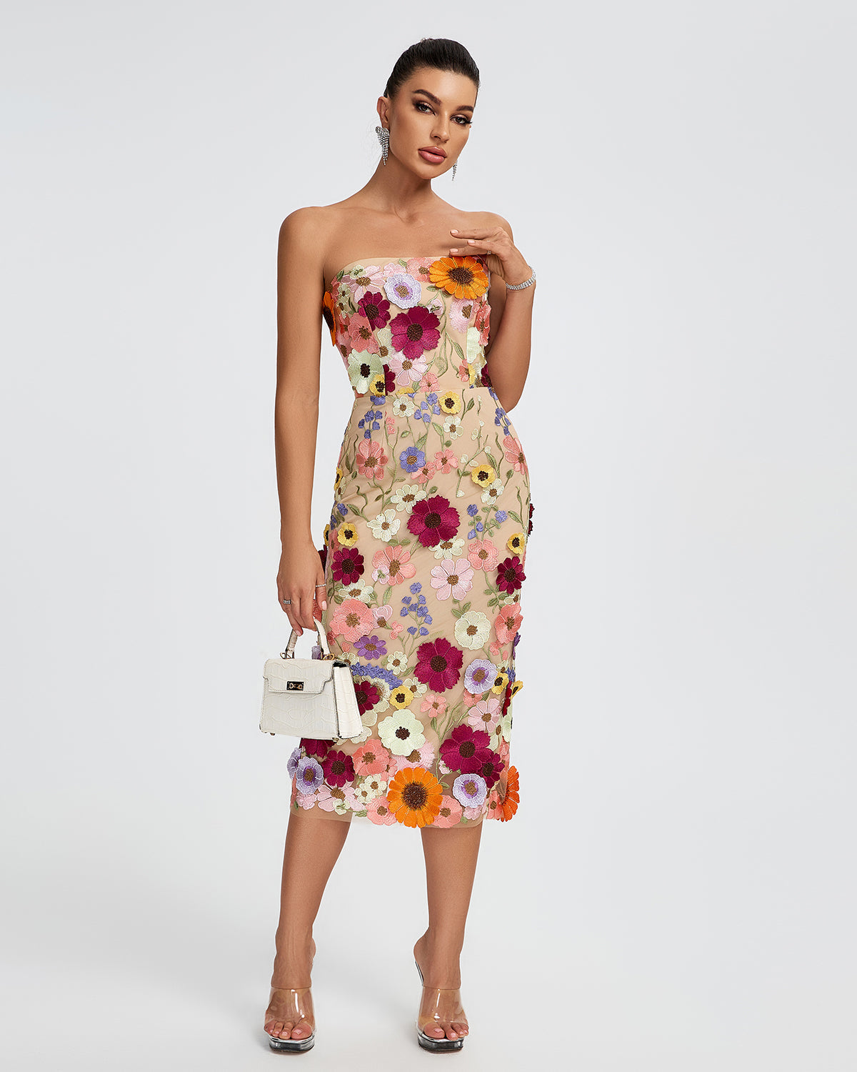 Maraya Strapless Floral Applique Midi Dress