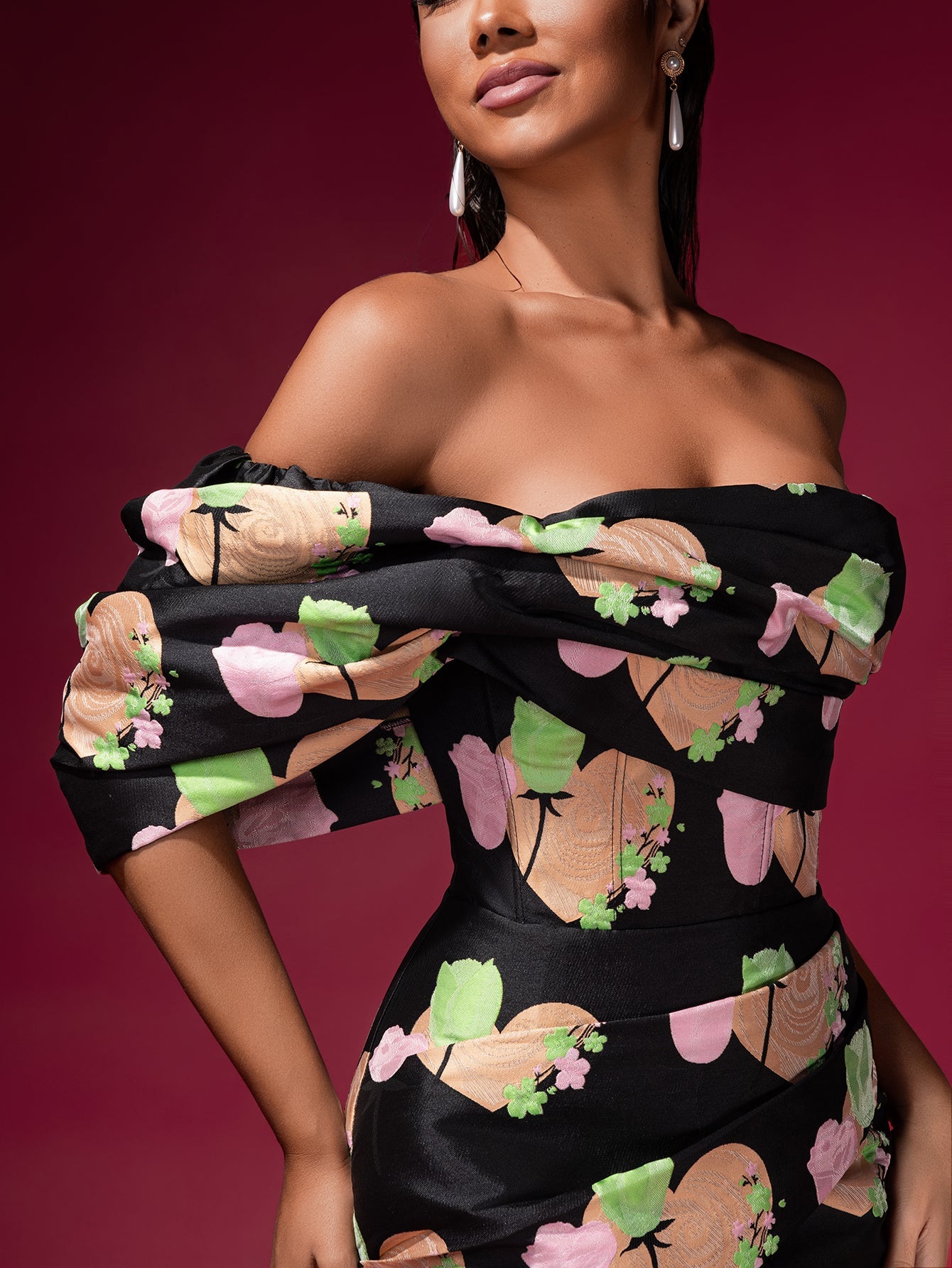Floral Jacquard Backless Midi Dress
