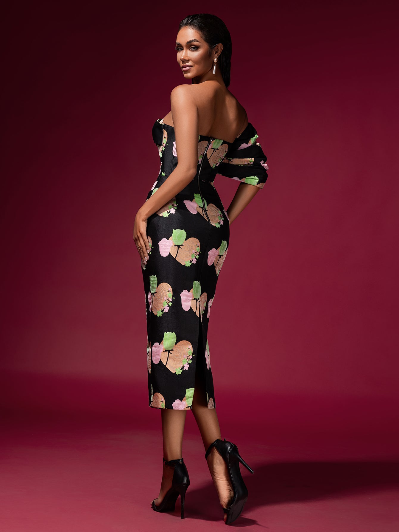 Floral Jacquard Backless Midi Dress
