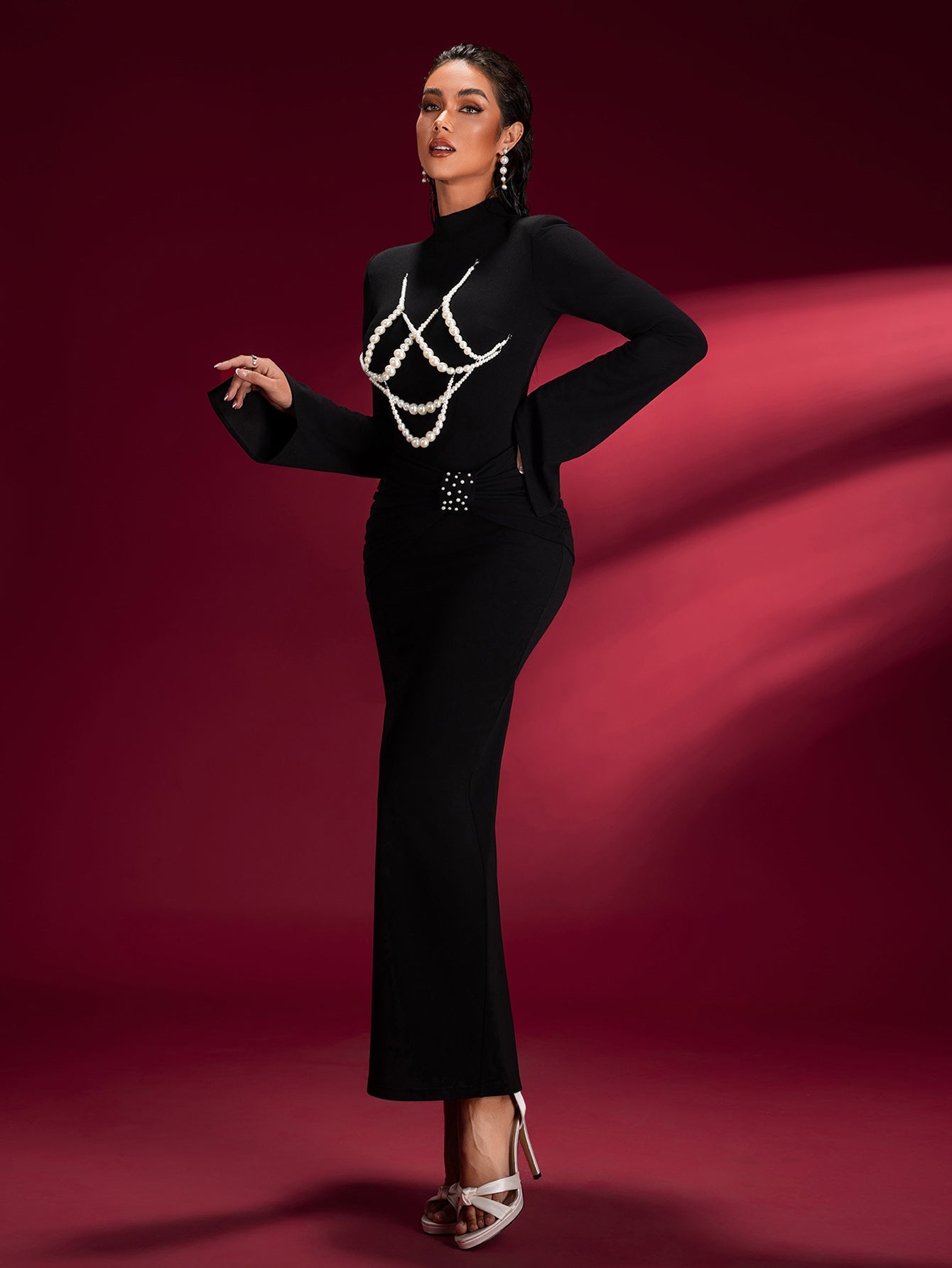 Pearl-embellished Knit Bodycon Dress