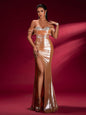 Salmon Orange Off Shoulder Evening Dress