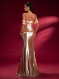 Salmon Orange Off Shoulder Evening Dress