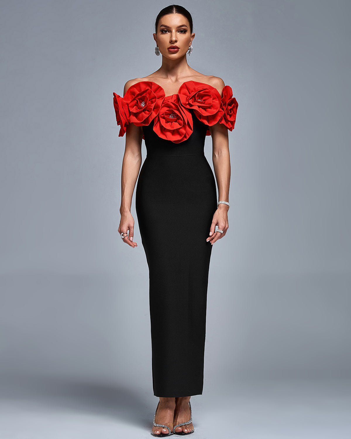 Off Shoulder Crystal Flowers Bandage Dress