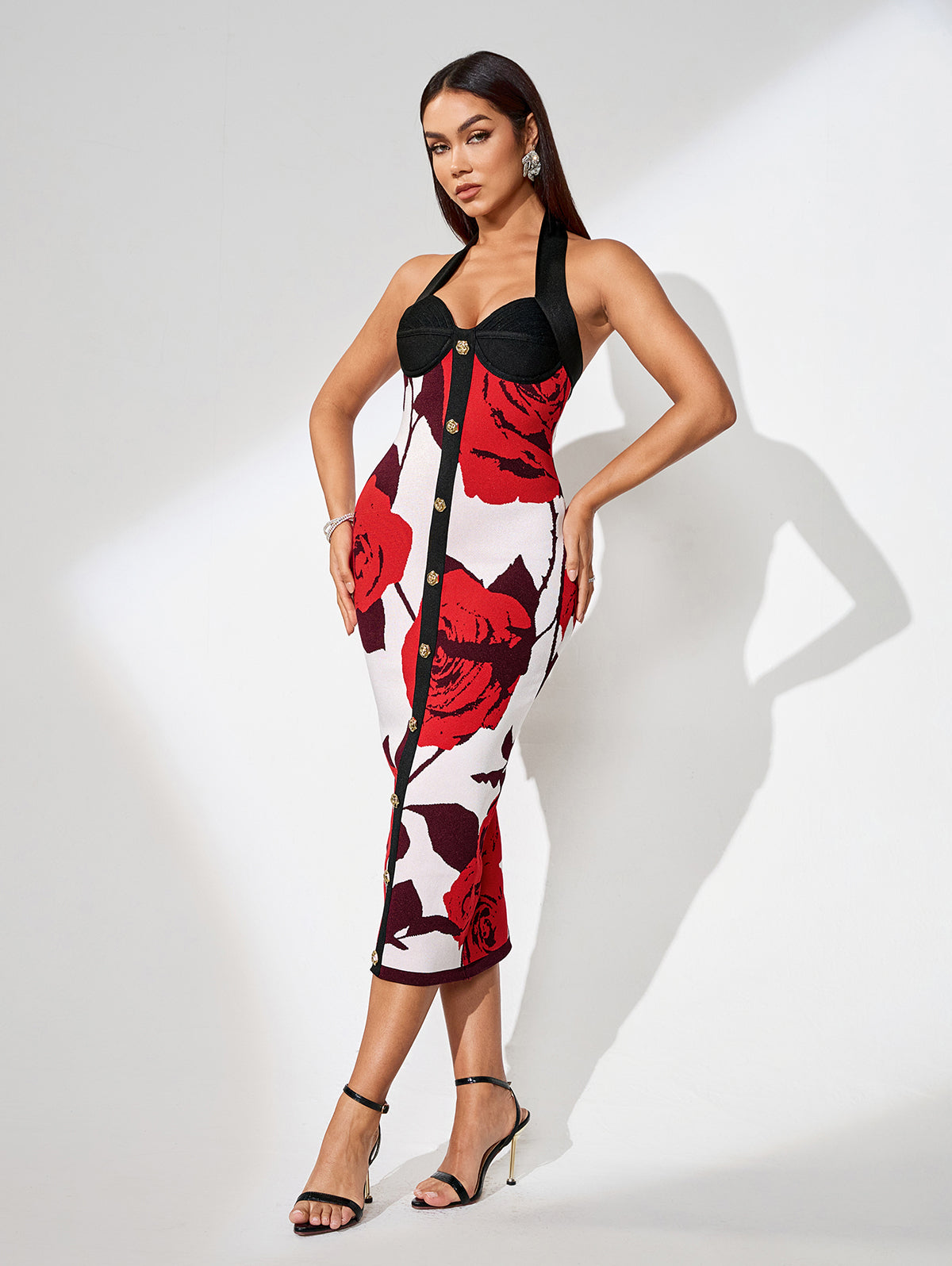 Button Front Floral Bandage Dress