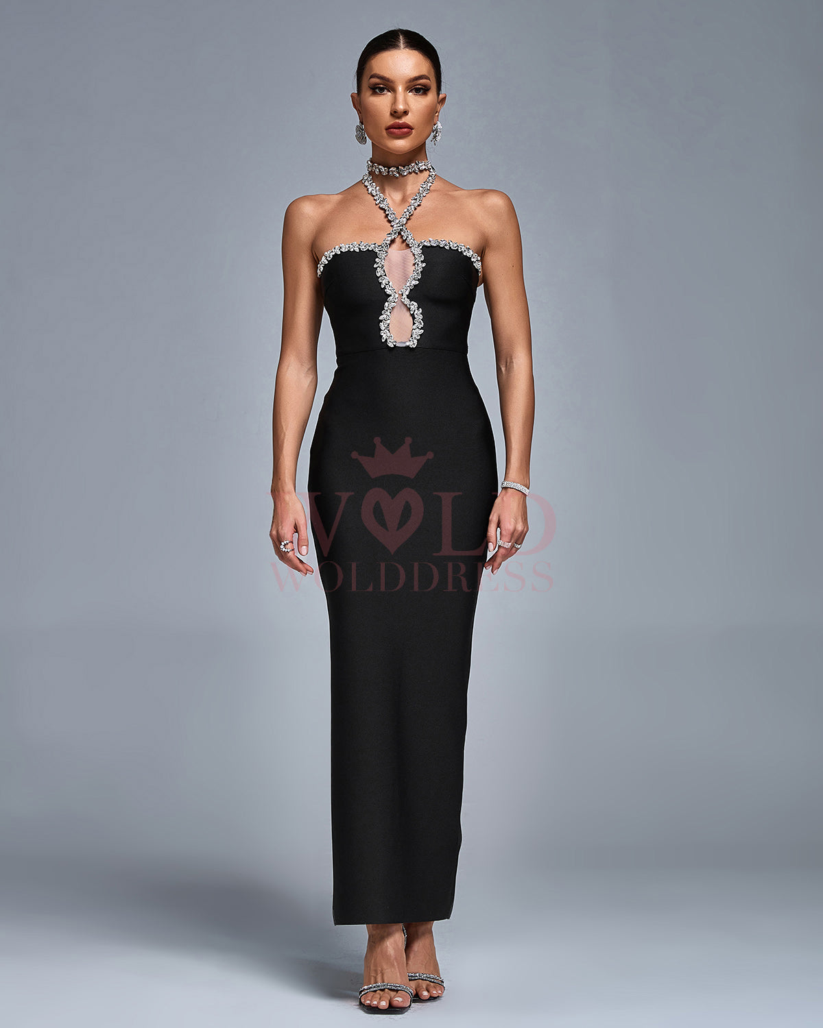 Crystal Chain Halter Bandage Evening Gown