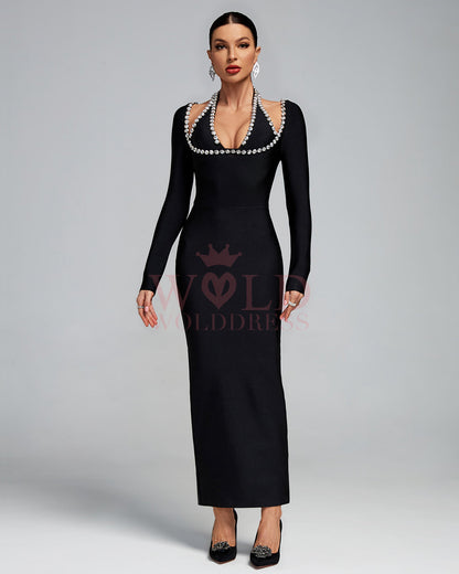 Halter Neck Crystal-Embellished Bandage Maxi Dress