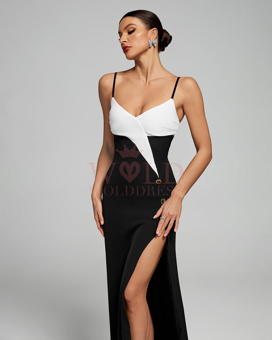Two-tone Strap High Slit Long Dress
