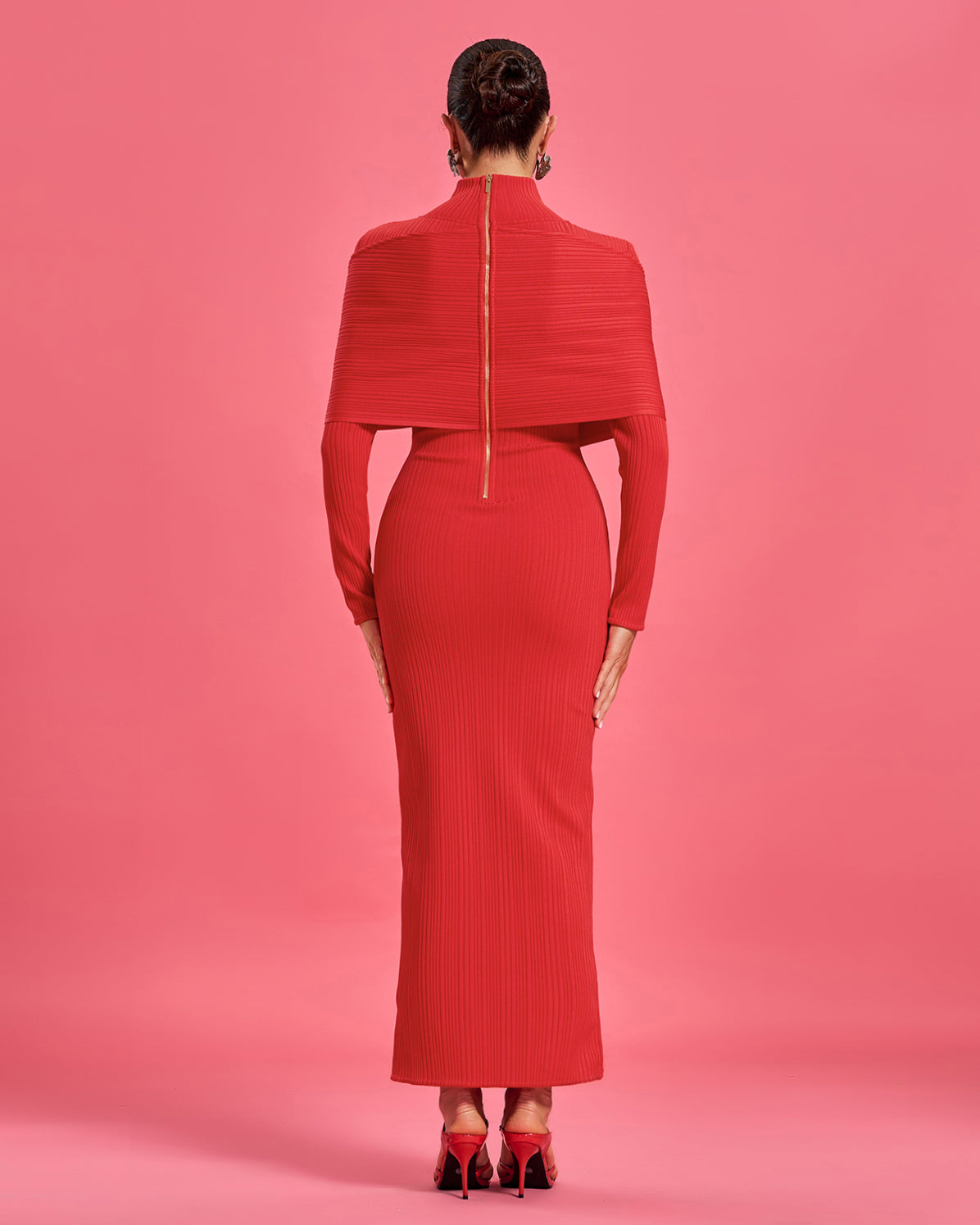 High-collar Cross Ribbed Bandage Maxi Dress