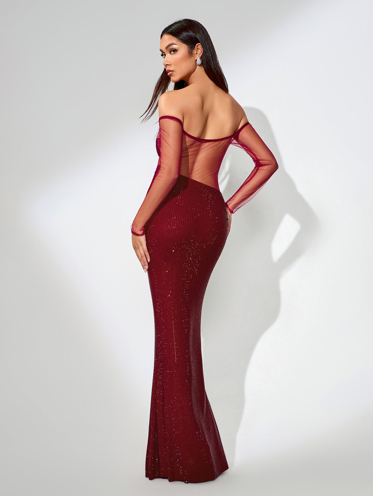 Mesh Splicing Rhinestone Asymmetric Dress
