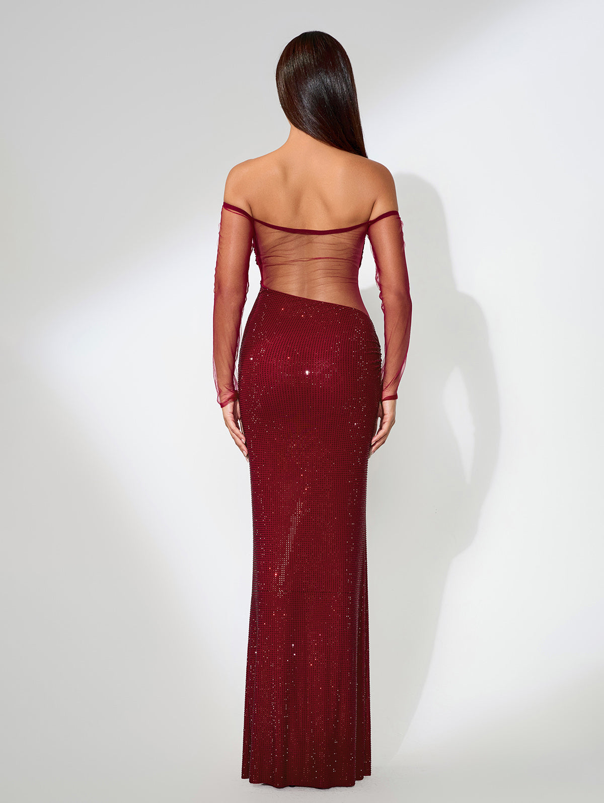 Mesh Splicing Rhinestone Asymmetric Dress