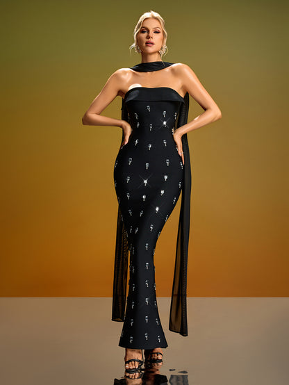 Rhinestone Maxi Dress With Neck Scarf
