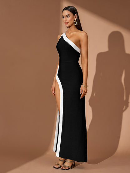 One Shoulder High-Slit Patchwork Bandage Dress