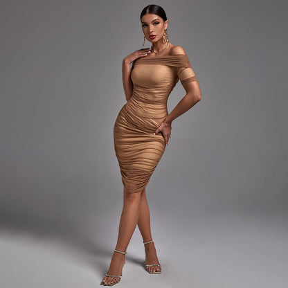 Off Shoulder Short Sleeve Ruched Midi Bodycon Dress