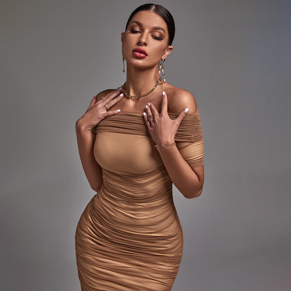 Off Shoulder Short Sleeve Ruched Midi Bodycon Dress