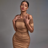 Off Shoulder Short Sleeve Ruched Midi Bodycon Dress