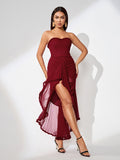 Strapless Mesh Ruffled Front Dress