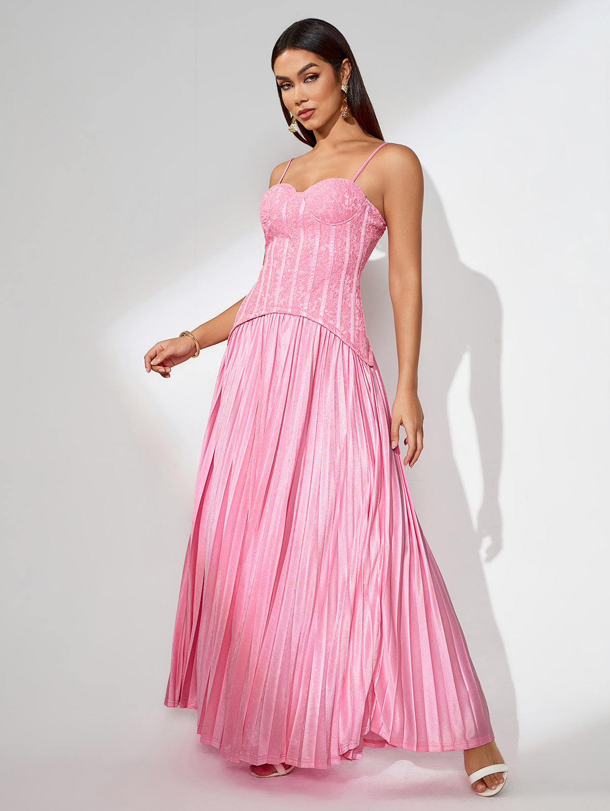 Open Back Pleated Lace Maxi Dress
