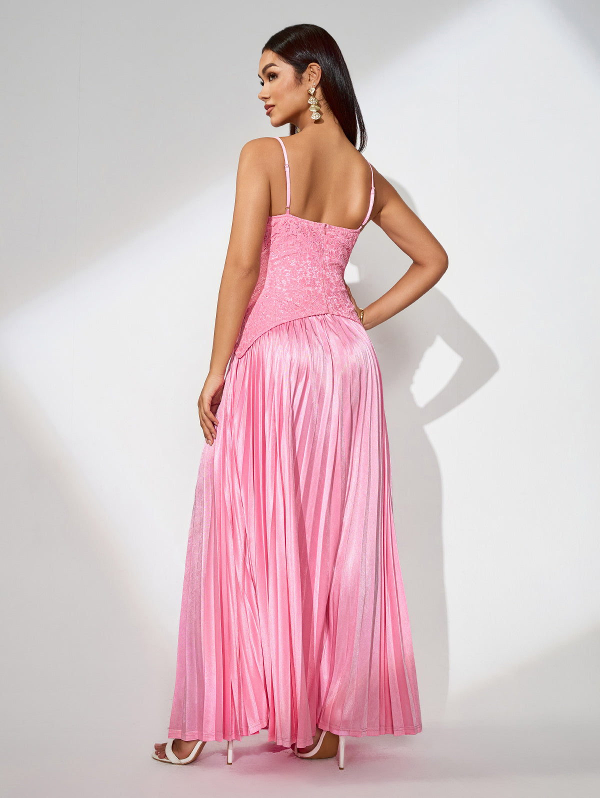 Open Back Pleated Lace Maxi Dress