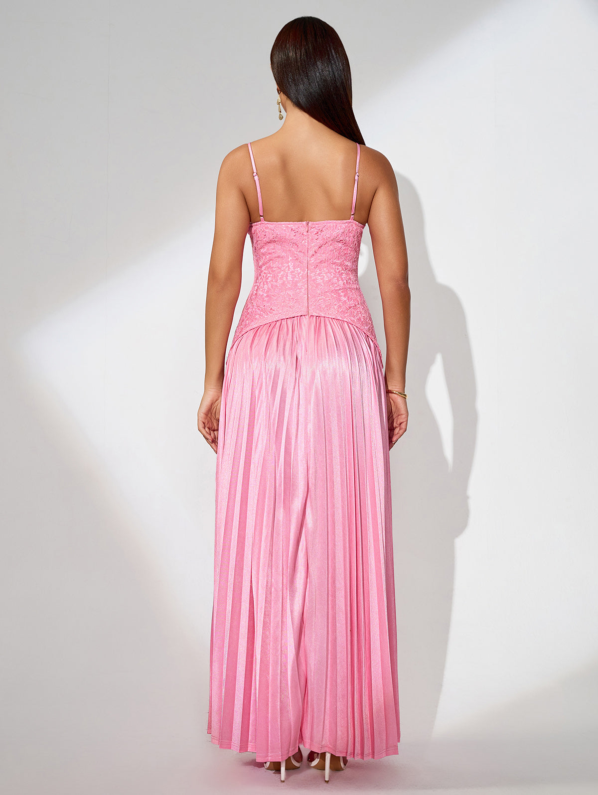 Open Back Pleated Lace Maxi Dress