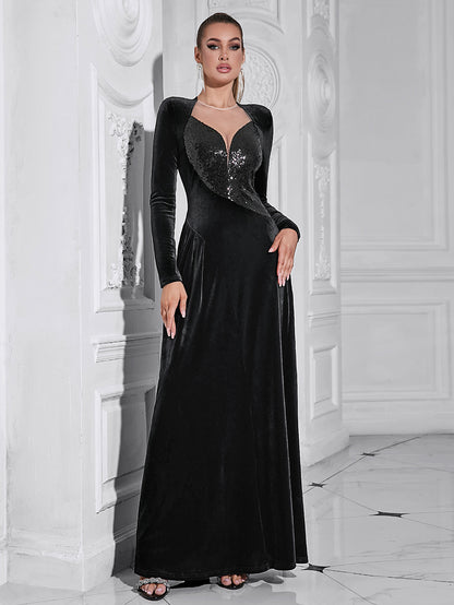 Sequined Maxi Black Velvet Dress
